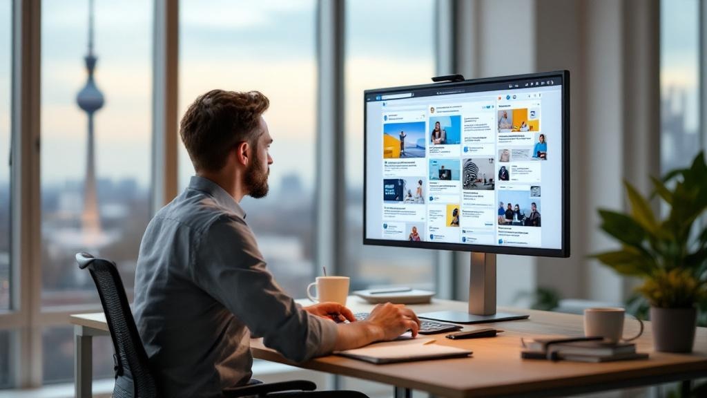 An editorial-style photograph of a professional in a bright, modern co-working space in central Berlin, seated at a standing desk with a large monitor displaying a multi-slide LinkedIn carousel mockup