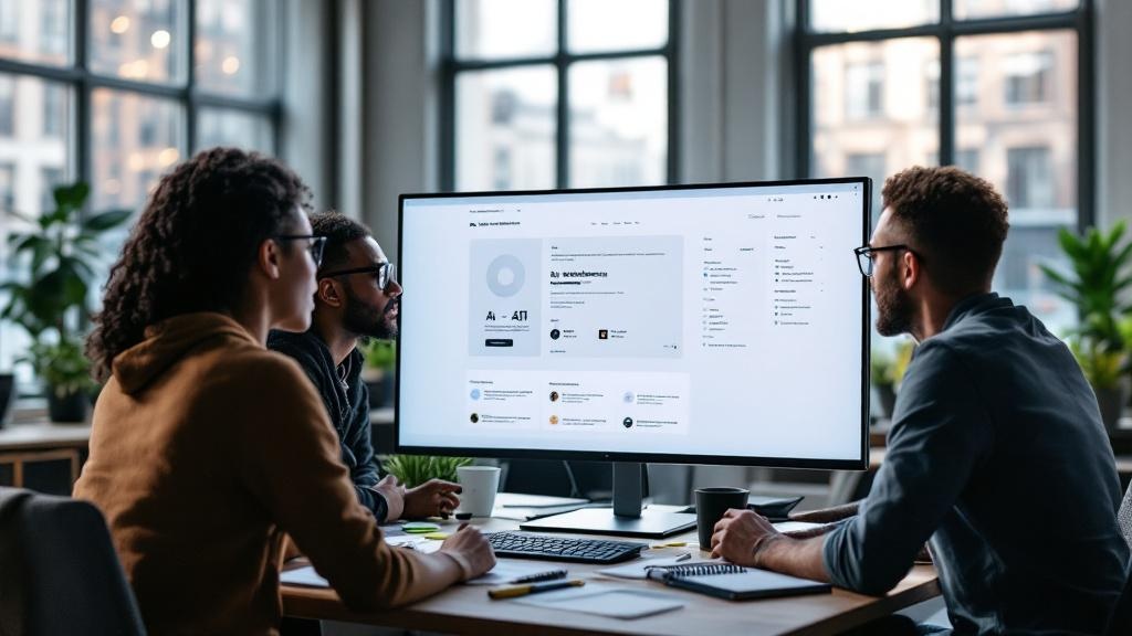 A diverse product design team of three people gathered around a large monitor in a modern open-plan studio, reviewing an AI-generated wireframe on screen. Natural light from tall windows, notebooks an