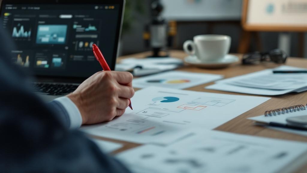 Close-up of a designer's hands annotating a printed AI-assisted prototype with a red pen, surrounded by a laptop showing Figma, a coffee cup, and documentation printouts on a wooden desk. The atmosphe