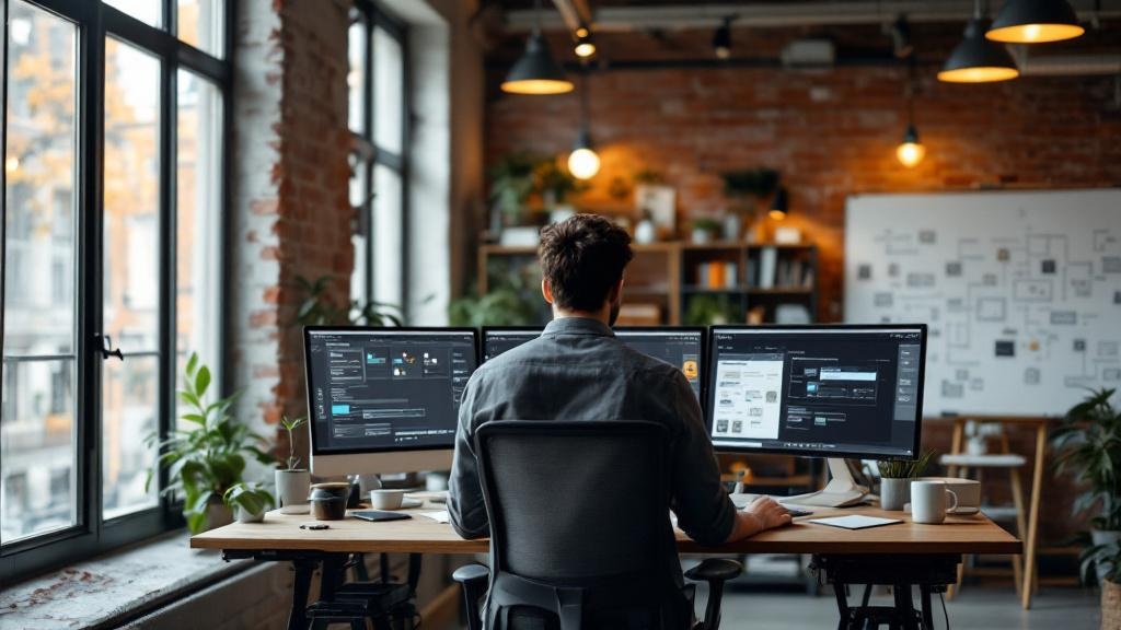 A wide editorial photograph shot inside a contemporary European co-working space, warm natural light from large industrial windows, a professional in their thirties working at a standing desk with mul