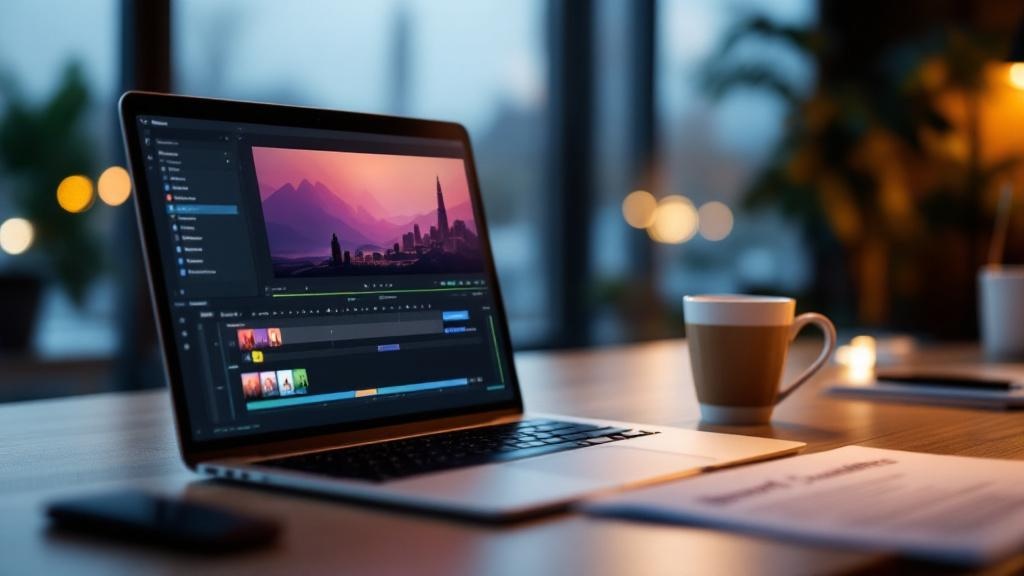 An editorial close-up of a laptop screen displaying a video-editing AI interface, placed on a minimalist desk with a cup of coffee and a printed brand guidelines document nearby, soft out-of-focus bac