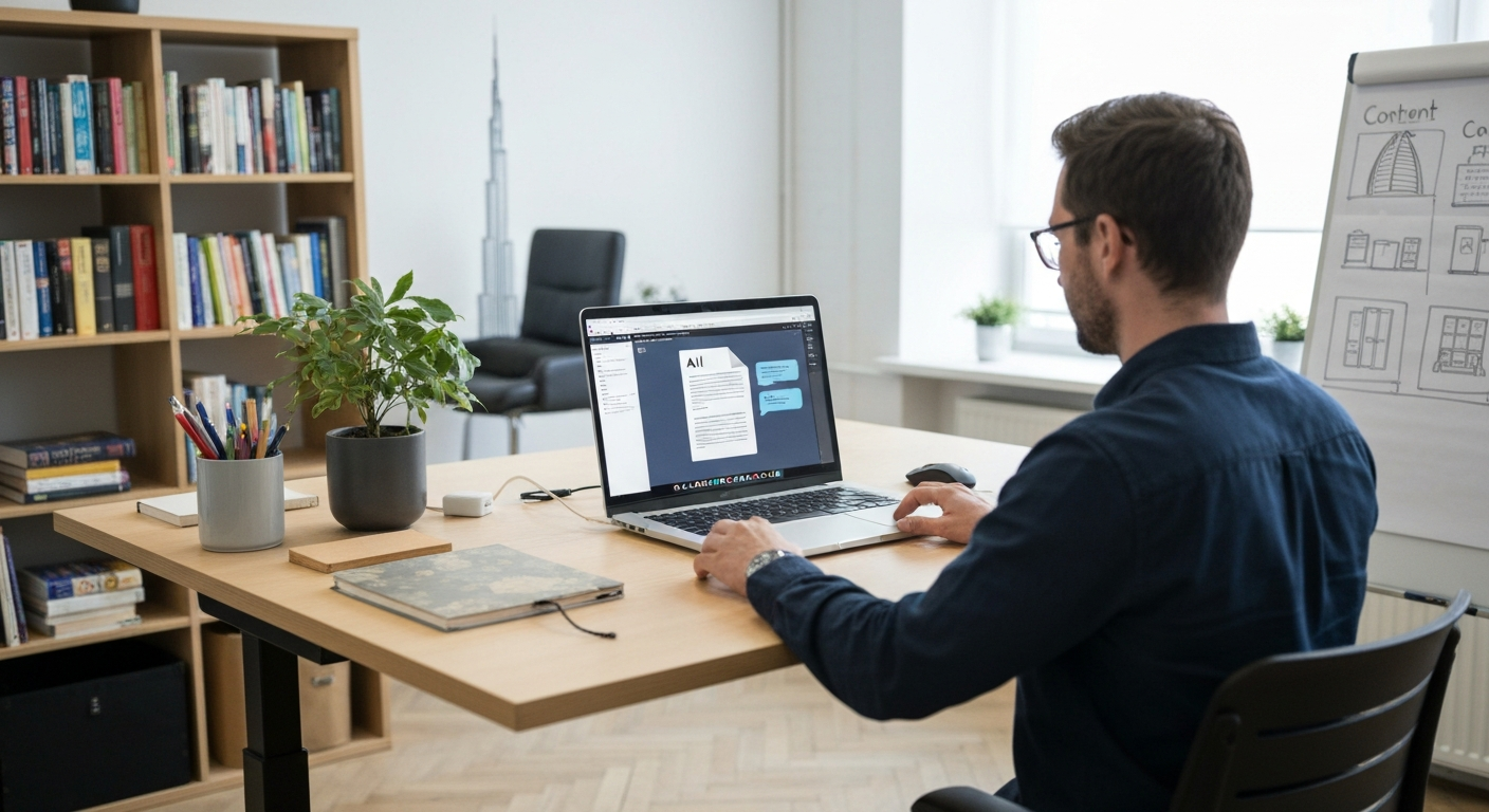 Editorial photograph taken inside a contemporary European co-working space, warm natural light through floor-to-ceiling windows. A professional in their mid-thirties sits at a clean desk with a laptop