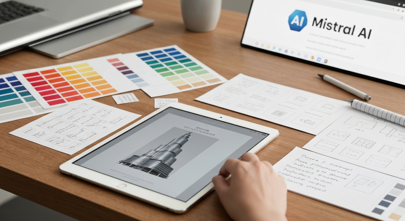 Wide-angle editorial photograph of a modern digital publishing studio, possibly in Berlin or Amsterdam. Banks of monitors display cover design mockups and structured document outlines. Two colleagues 