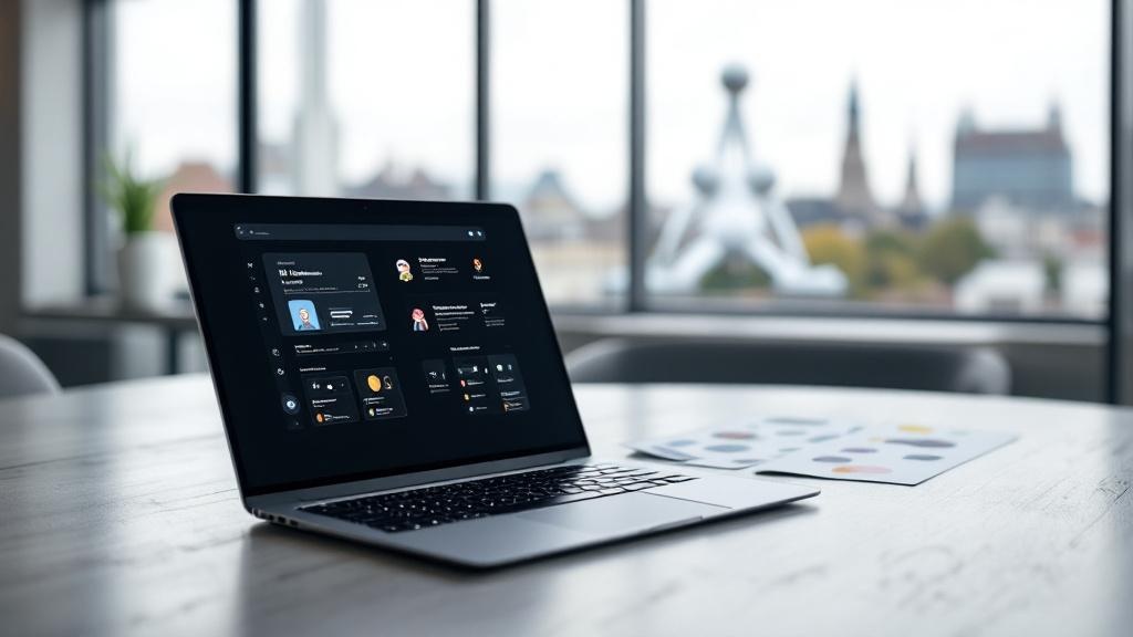 A flat-lay editorial photograph of a laptop open to an AI image-generation interface, surrounded by printed sticker sheets featuring cartoon characters and abstract geometric designs, set on a concret