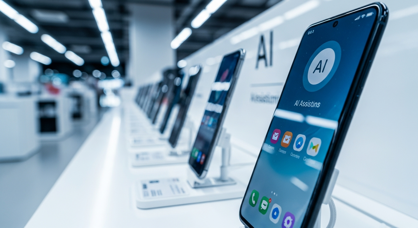 A close-up editorial photograph shot inside a European consumer electronics retail environment, showing a row of flagship smartphones on illuminated display stands with subtle AI feature icons visible