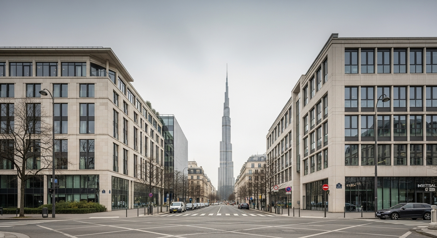 An editorial wide-angle photograph taken inside the ASML cleanroom facility in Eindhoven, or a similarly styled European semiconductor fabrication environment, showing technicians in full clean-room s