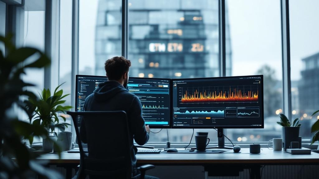 A wide-angle editorial photograph taken inside a modern European tech office, showing a developer at a standing desk reviewing AI model output on a large monitor. The ETH Zurich logo or a Brussels gla