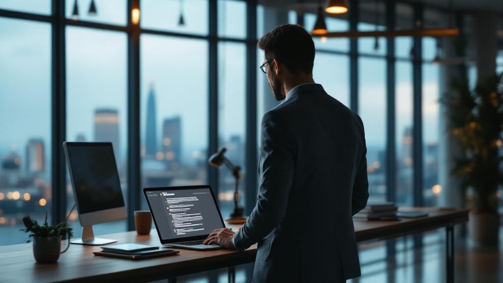 A journalist at a standing desk in a modern open-plan newsroom, laptop screen showing a text document alongside an AI chat interface, warm overhead lighting, shallow depth of field, the Canary Wharf s