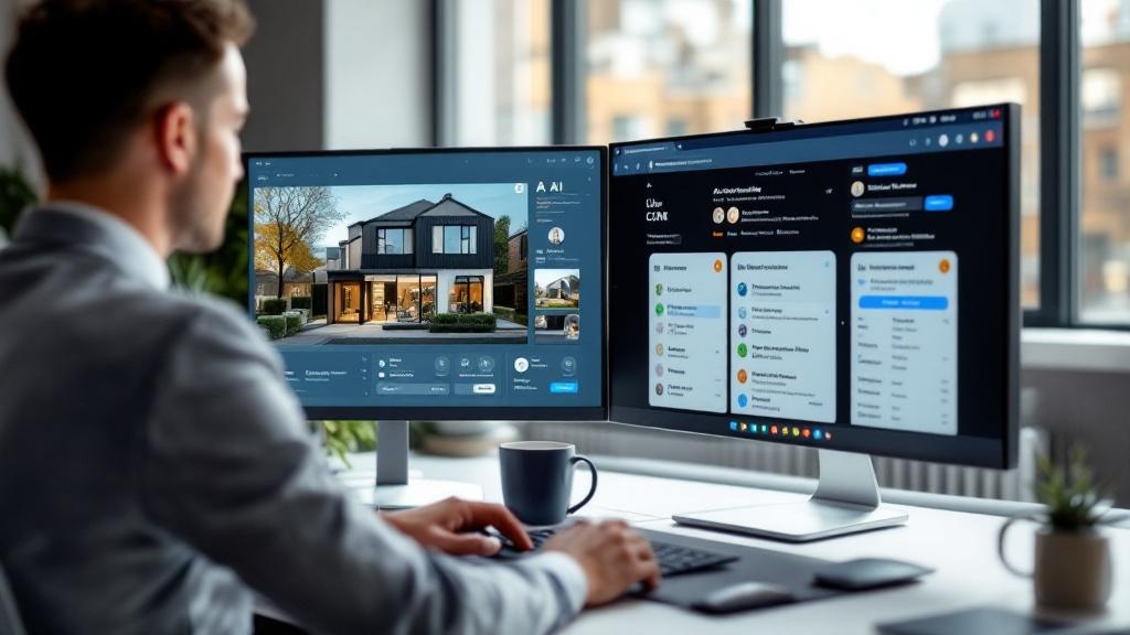 Editorial photograph taken inside a modern London estate agency office: a negotiator in professional attire reviews an AI-generated property listing on a large monitor, with a second screen displaying