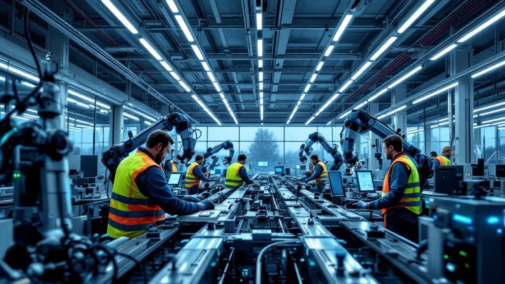Wide-angle editorial photograph taken inside a contemporary European robotics facility, showing an automated assembly line with mechanical arms operating alongside a small number of human technicians 