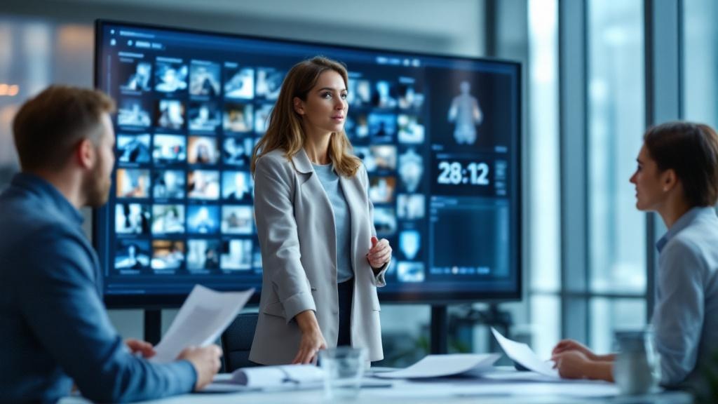 Editorial photograph taken inside a modernist European engineering faculty, likely ETH Zurich or a similar institution: a woman researcher in her forties stands at a large interactive display showing 