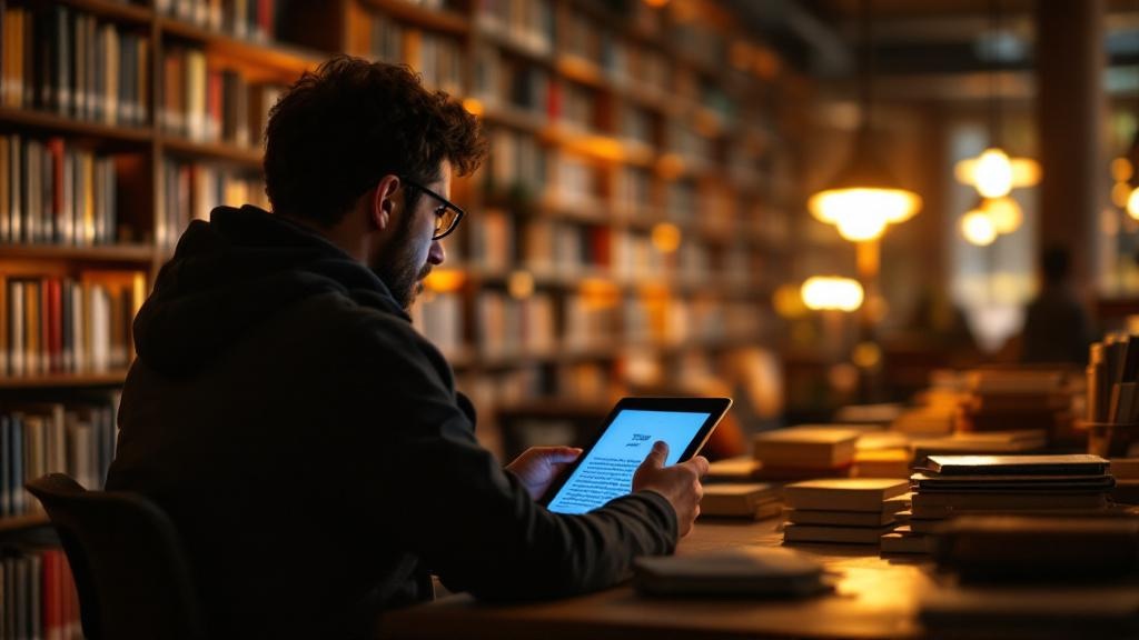 Editorial photograph taken inside a modern European public library, such as the Bibliotheque nationale de France site Francois-Mitterrand in Paris or the British Library in London. A reader sits at a 