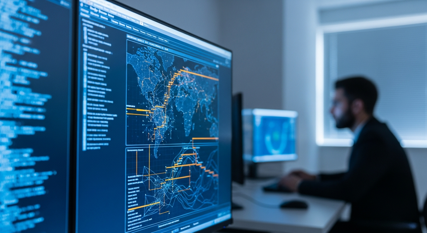 Editorial photograph taken inside a modern European cybersecurity operations centre, showing analysts monitoring large wall-mounted screens displaying network traffic visualisations and threat dashboa