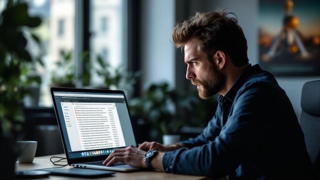 A software engineer at a desk in a modern European office, staring at a laptop screen showing a flood of automated deletion notifications in an email client. The expression is one of alarm and disbeli
