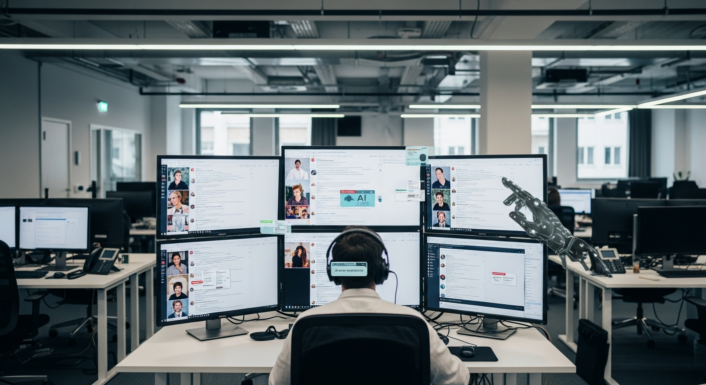 A content moderator at a workstation in a modern open-plan European office, screens displaying flagged social media posts with AI-generated labels visible. The aesthetic is clinical and slightly overl