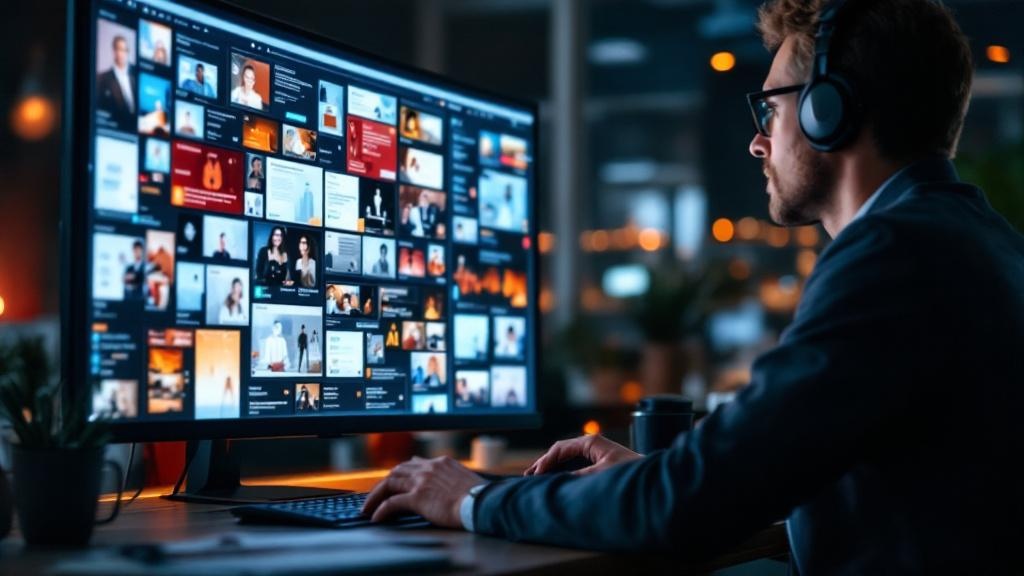 A wide-angle editorial photograph taken inside a modern European newsroom or digital media hub, perhaps in Berlin or Amsterdam, showing a journalist or content moderator reviewing a large monitor disp