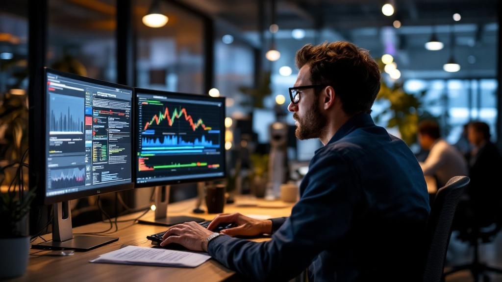 Editorial photograph taken inside a modern European AI research facility, such as one affiliated with ETH Zurich or a Mistral AI office in Paris. A researcher sits at a workstation reviewing model out