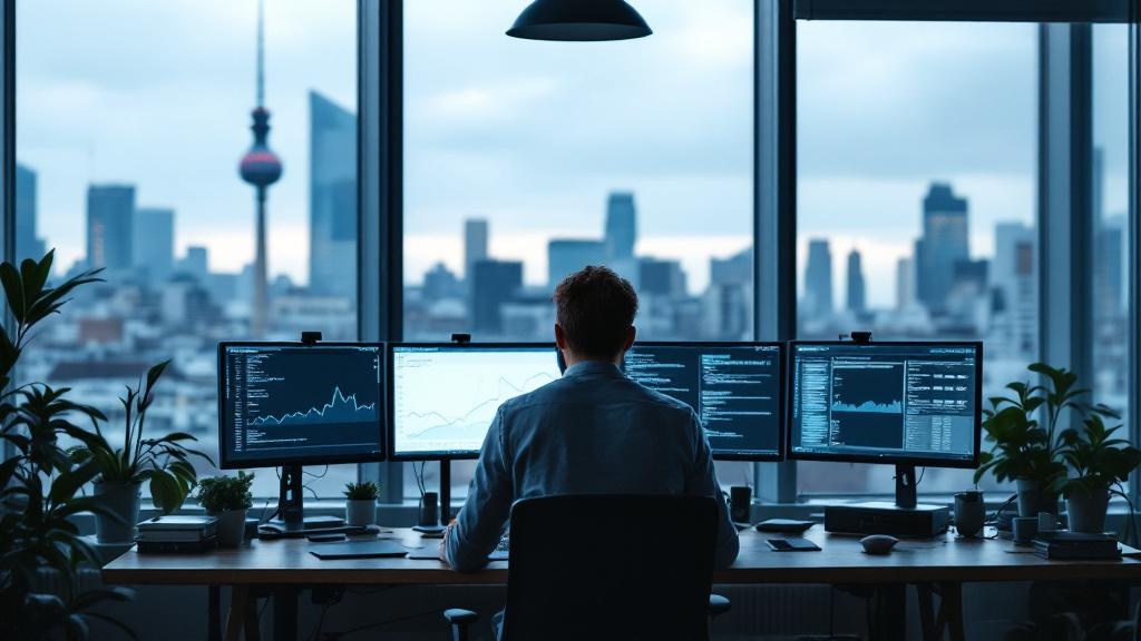 A wide-angle editorial photograph taken inside a modern European co-working space, showing a developer at a standing desk with multiple monitors displaying terminal windows and API usage graphs. Natur