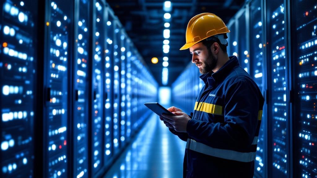 Editorial photograph taken inside a modern European data centre facility, rows of illuminated server racks receding into the background, cool blue and white lighting, a lone engineer in a hard hat rev