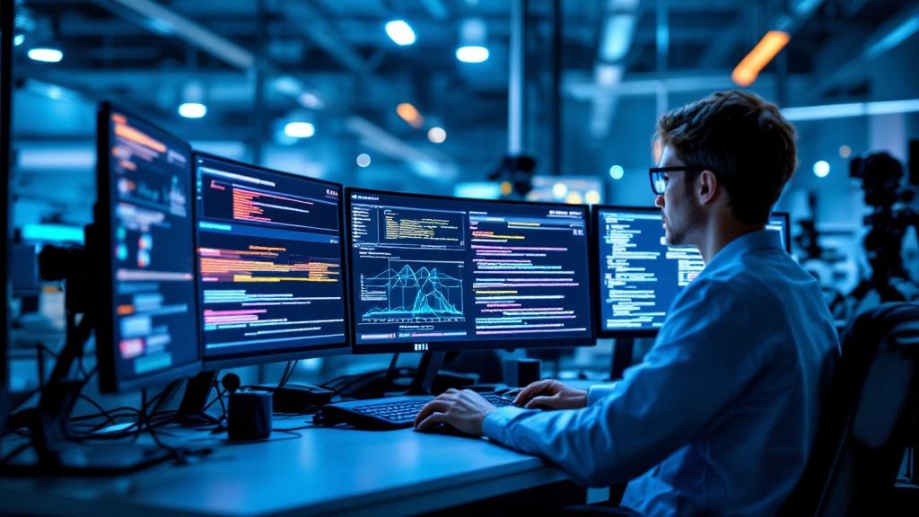 Editorial photograph taken inside a modern European AI research facility, such as ETH Zurich or a Mistral AI office in Paris. A researcher sits at a workstation surrounded by multiple monitors display