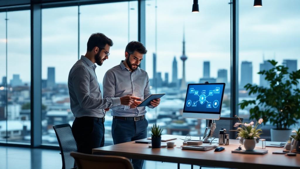 A wide-angle editorial photograph taken inside a contemporary European technology office, showing two professionals at a standing desk reviewing a tablet displaying a structured diagram of interconnec