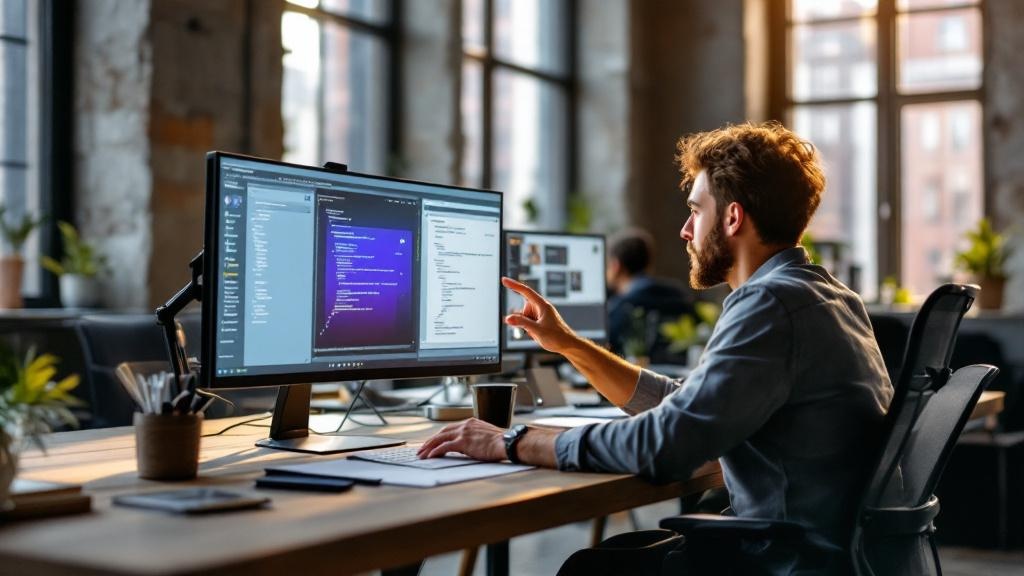 Editorial photograph taken inside a modern shared co-working space in Berlin or Amsterdam, showing two developers of different backgrounds seated side by side at a wide desk, one gesturing toward a la