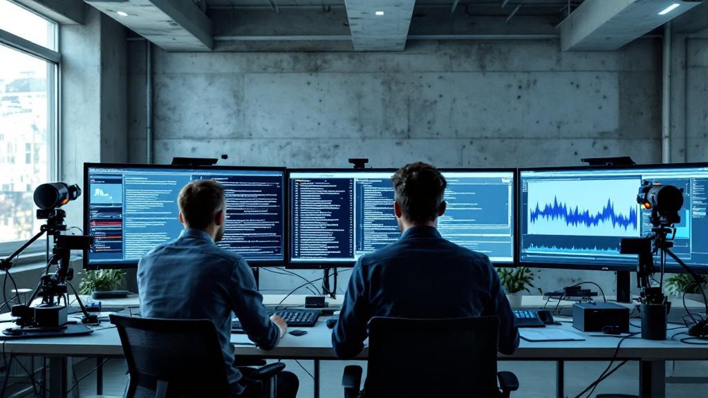 A wide-angle photograph taken inside a modern computational linguistics research lab at a European university, showing two researchers reviewing multilingual text datasets on large monitors displaying