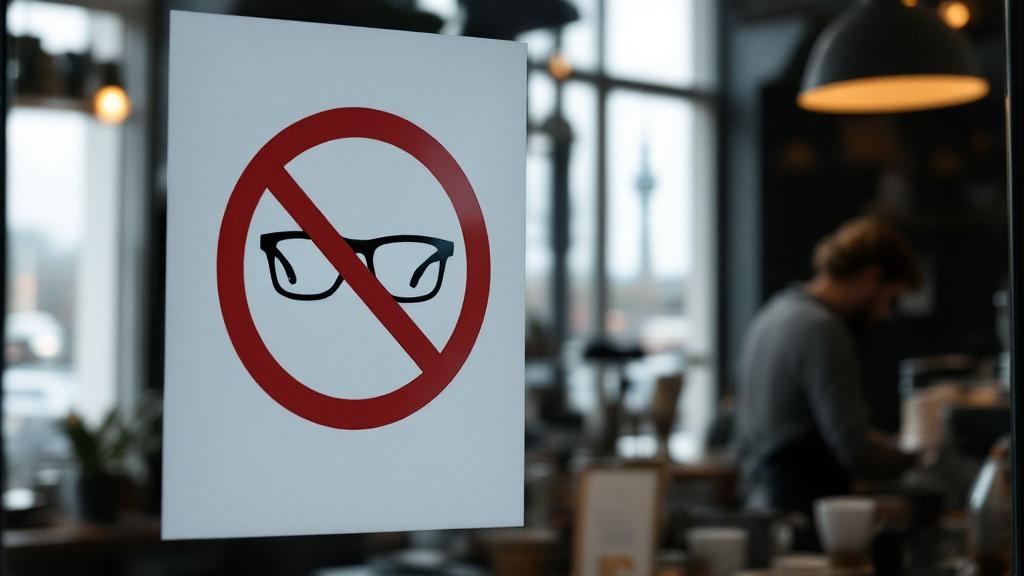Editorial photograph taken inside a busy independent coffee shop in central Berlin. A close-up of a printed door sticker in the style of a no-smoking sign, showing a crossed-out pair of smart glasses,