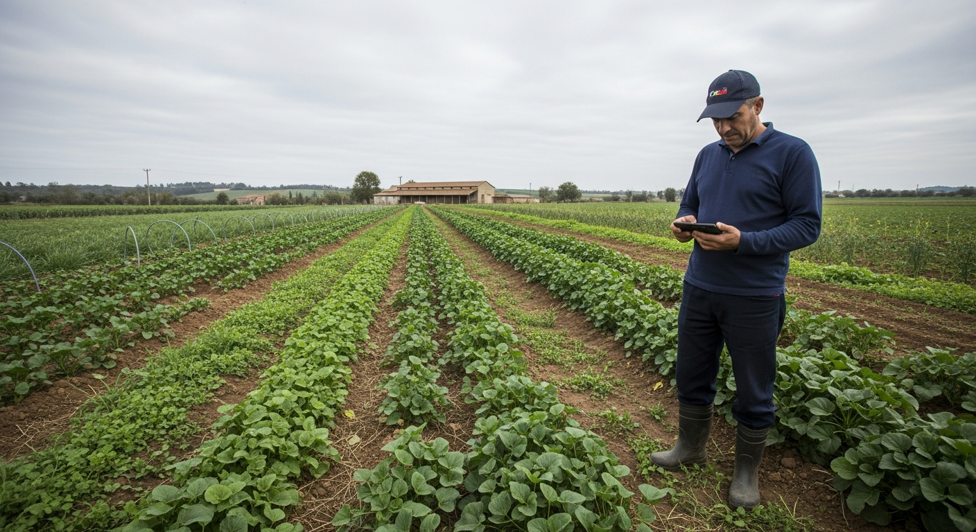 A wide-angle editorial photograph taken at ground level in a fragmented smallholder farm in southern Europe, showing mixed crops at varying growth stages with a field worker holding a basic smartphone