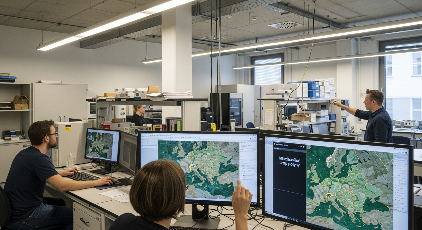 An interior shot of a European agricultural research facility, styled as a working lab rather than a showroom. Researchers at Wageningen University or ETH Zurich examine crop imagery on large monitors