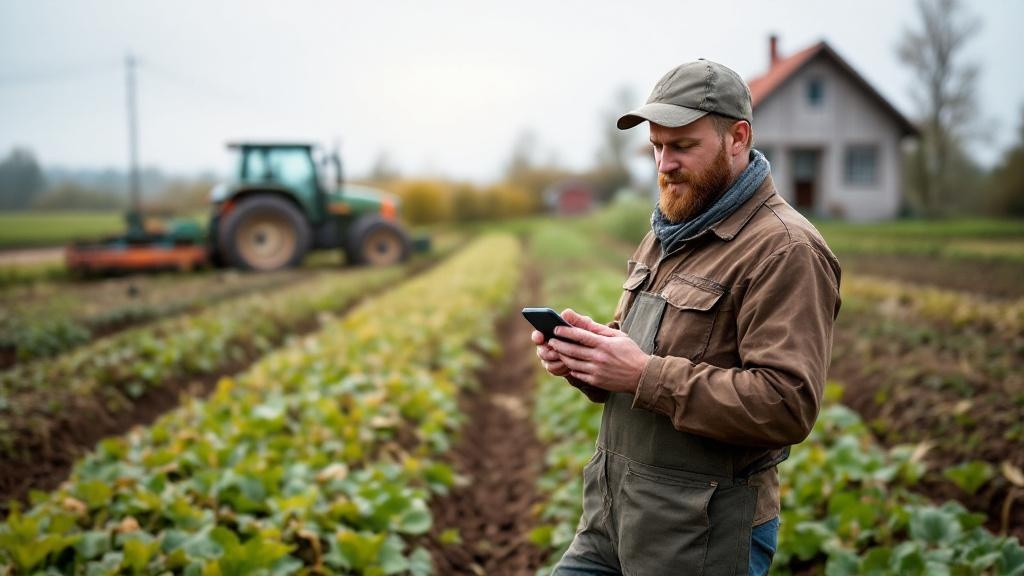 Editorial photograph taken at ground level on a small mixed-crop smallholding in central or eastern Europe, showing a farmer in working clothes holding a basic smartphone while standing between rows o