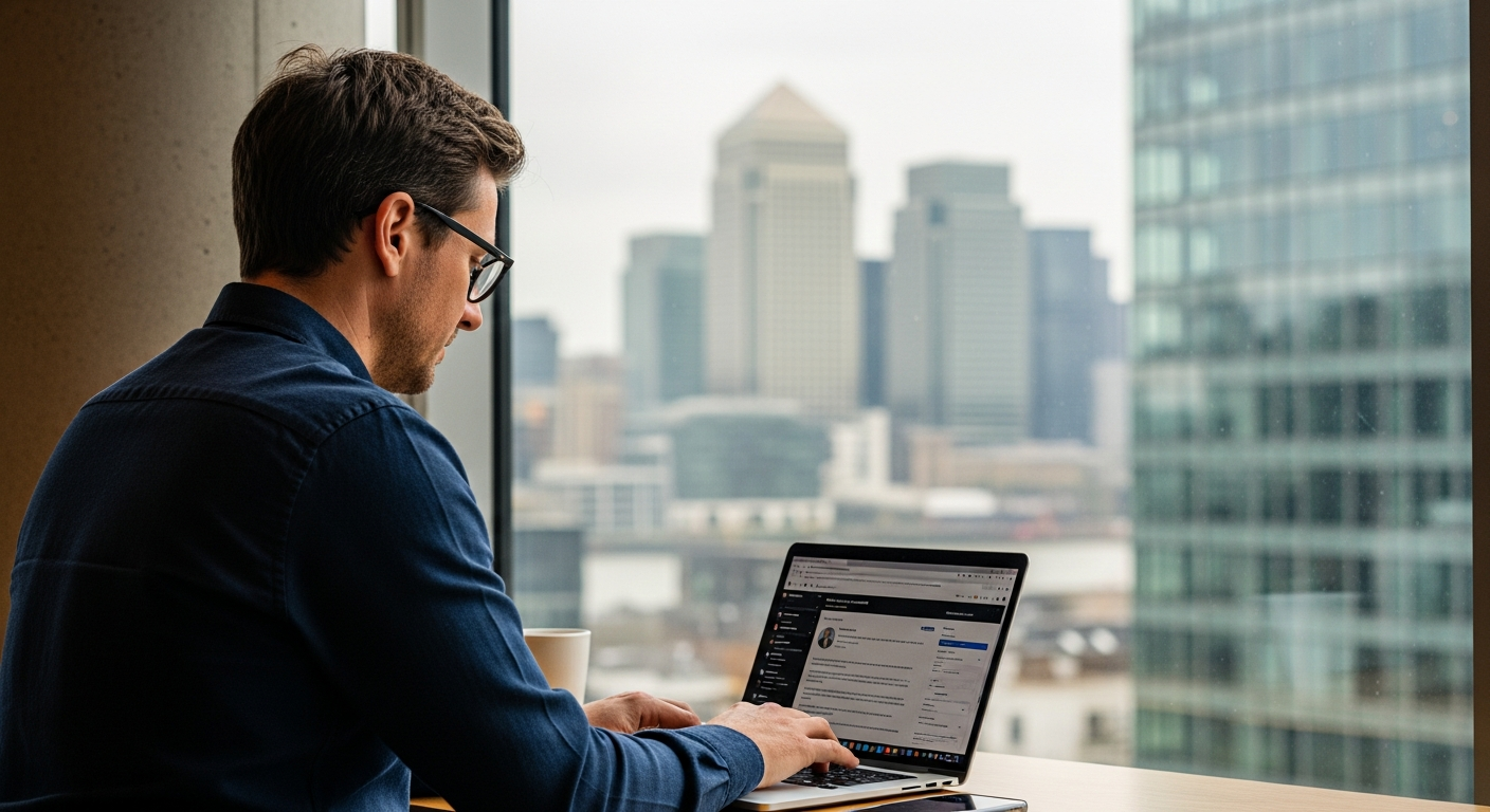 A candid, editorial-style photograph of a professional in their mid-thirties working on a laptop in a modern co-working space in a European city, warm but focused atmosphere, with the Canary Wharf sky