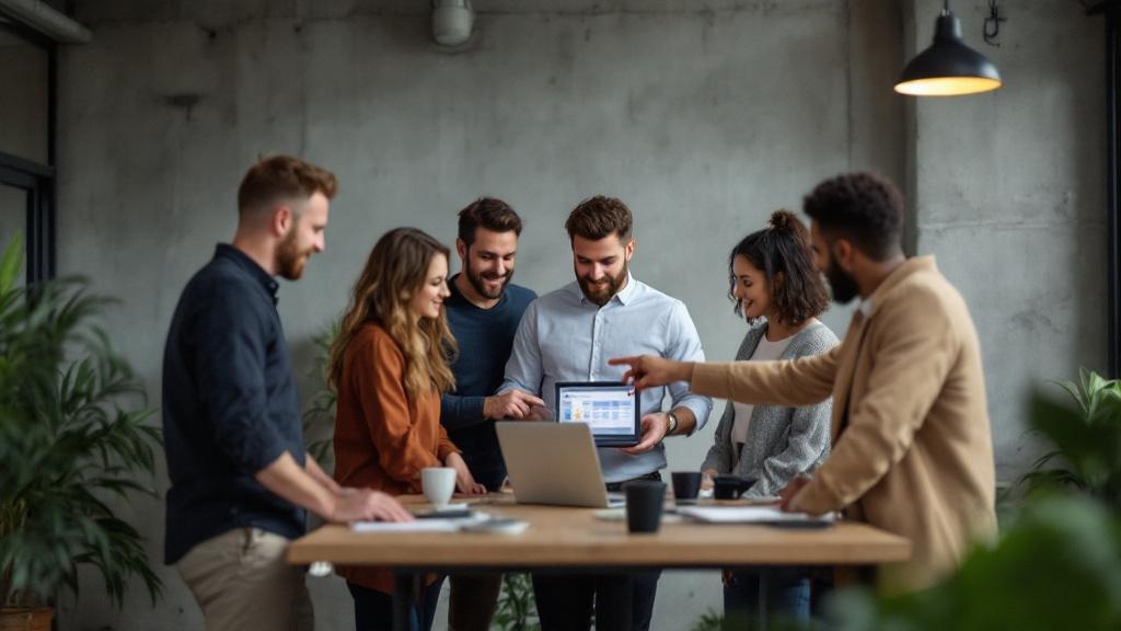 A small group of diverse European professionals gathered around a standing desk in a modern co-working space, one person pointing at a laptop screen showing a content calendar. The space has exposed c