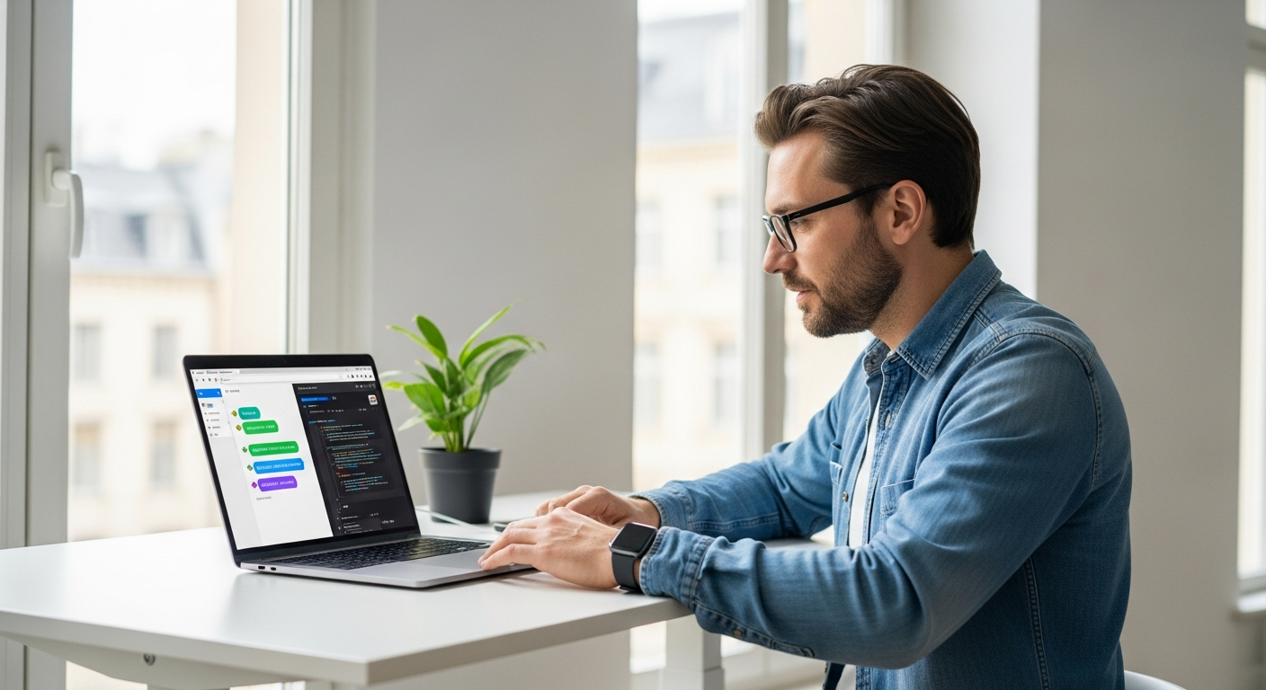 A diverse group of small business owners, including a woman in her 40s and a younger man, seated at a wooden desk in a light-filled co-working space in a European city, reviewing a laptop screen showi