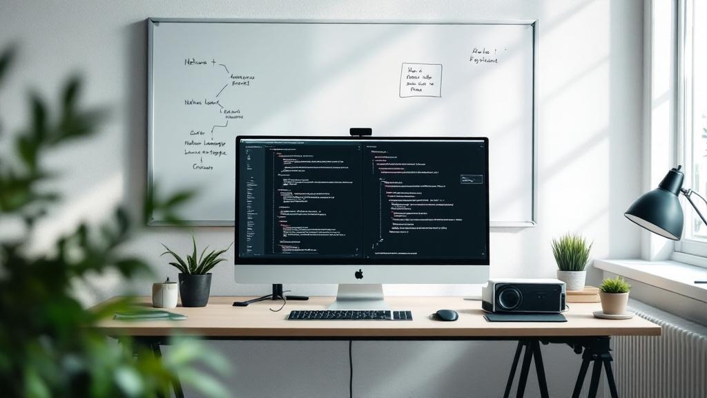 An overhead shot of a developer's desk at a European AI research office, showing a monitor with code and a natural language prompt interface side by side. A whiteboard behind displays a simple flowcha