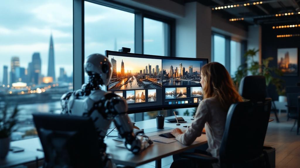 A wide-angle editorial photograph taken inside a modern European creative studio, showing a designer working at a large monitor displaying a split-screen comparison of AI-generated images in different