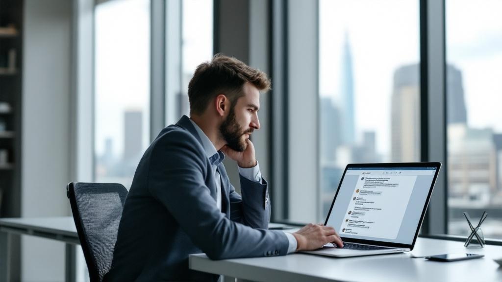 A clean, modern office environment in a European city, a professional sitting at a desk with a laptop open showing a chat interface with a long conversation history scrolling upward, natural light fro