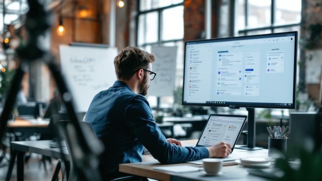 An editorial photograph taken inside a modern open-plan communications agency office in London or Berlin. A professional in their thirties sits at a standing desk reviewing a laptop screen displaying 