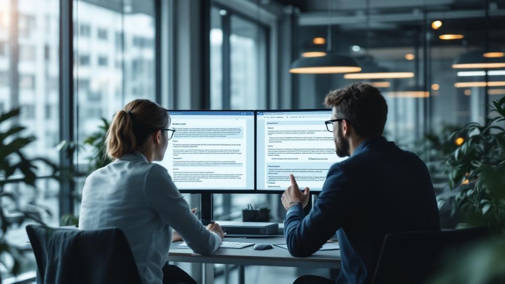 A wide-angle editorial photograph taken inside a modern European office, possibly in Brussels or Amsterdam, showing two professionals reviewing side-by-side text on dual monitors, one screen displayin