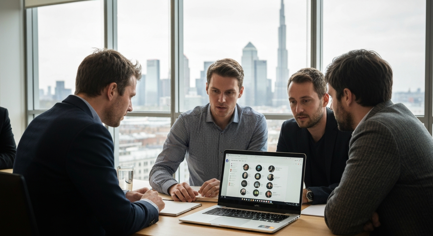 Editorial photograph taken inside a modern co-working space in a European city, showing three or four professionals gathered around a laptop screen displaying a multi-participant chat interface; natur