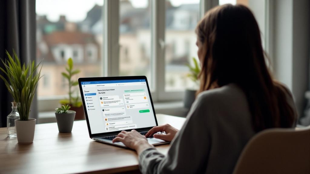 A wide editorial photograph taken inside a modern European flat, showing a person seated at a desk with a laptop open to a ChatGPT conversation about product choices. The screen displays a structured 