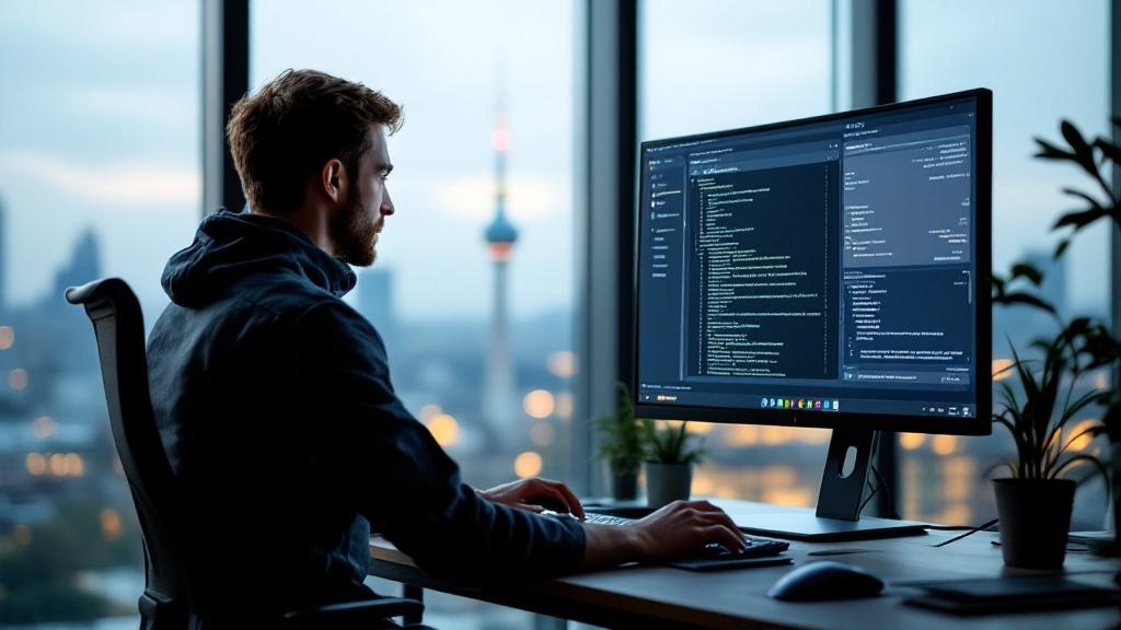 A wide-angle editorial photograph inside a European co-working space, possibly Berlin or Amsterdam, showing a developer at a standing desk with multiple monitors displaying code and an AI agent interf