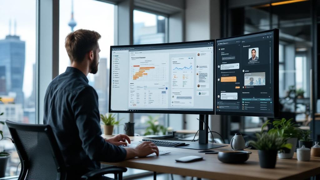 A wide-angle editorial photograph taken inside a modern European co-working space, likely in Berlin or Amsterdam, showing a professional at a standing desk with a large monitor displaying a structured