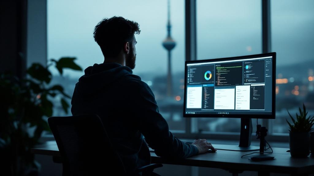 A software developer at a standing desk in a modern open-plan office in central Berlin, watching a desktop screen on which multiple applications open and close autonomously, their hands resting at the