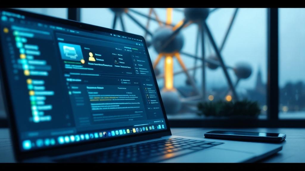 A close-up of a laptop screen in what appears to be a Brussels office, showing a file management interface with folders being reorganised by an unseen process. A smartphone lying beside the laptop dis