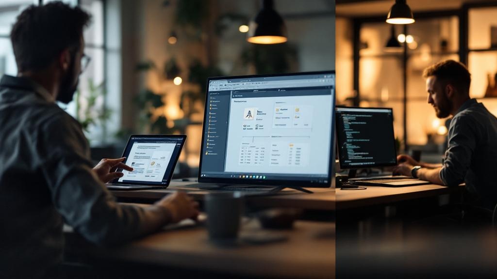 A split-frame editorial photograph taken in a modern European co-working space, possibly in Zurich or Berlin. On the left, a professional reviews a document on a laptop running a conversational AI cha