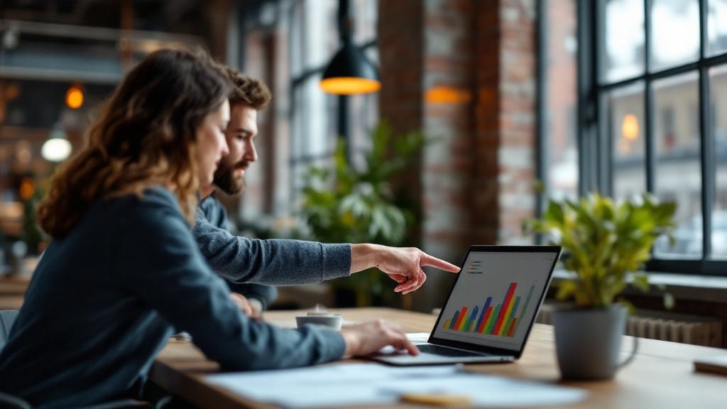 A wide-angle editorial photograph taken inside a modern European co-working space, likely in Amsterdam or Berlin, showing two professionals in their thirties seated at a shared desk. One person points