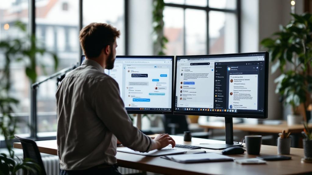 Editorial photograph taken inside a contemporary European co-working space, likely Berlin or Amsterdam, showing a professional at a standing desk with two browser windows open on a wide monitor, one d