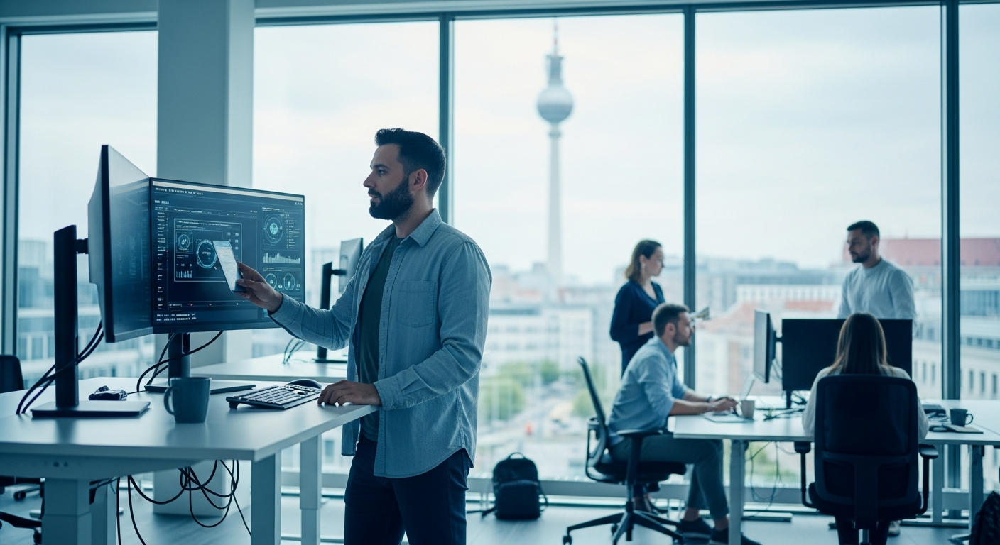 A product manager at a standing desk in a modern open-plan office in a European city, reviewing structured AI-generated documentation on a large monitor. The window behind shows the Berlin TV tower in