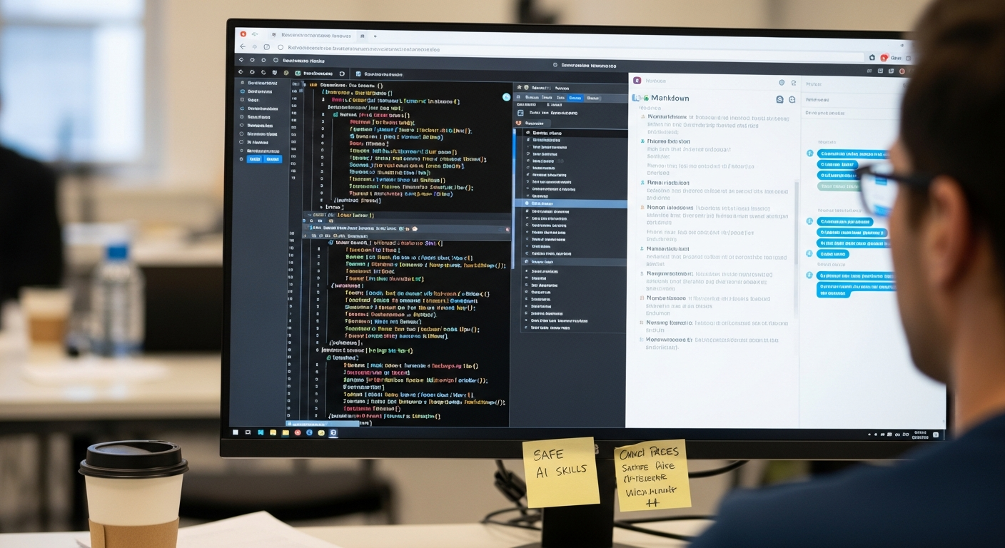 Close-up of a laptop screen displaying a structured Markdown Skills file inside a collaborative AI interface, with a blurred background showing a team meeting in a glass-walled room at what appears to